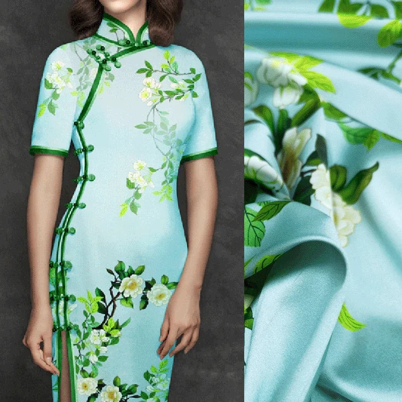 120*120CM 19MM Floral Print 93% Silk 7% Spandex Stretch Silk Satin Fabric for Green Dress Cheongsam Pants,DIY Sewing Material D1159