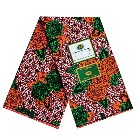Red and Green Floral Printed African Wax Batik Fabric,100% Cotton,6Yards Long Summer Spring Material for DIY Sewing R792