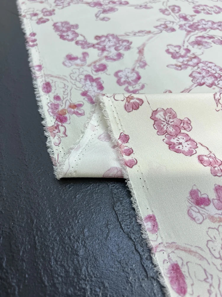 Stretch Comfortable Silk Crepe de Chine Fabric - Pink Floral Printed on White Design, Fabric for Summer Dress Pants-DIY Sewing Material D1497