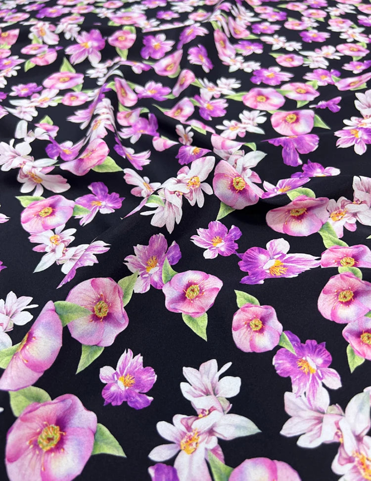 140CM Wide 18MM Silk Crepe de Chine Fabric,Stretch Silk Fabric for Thin Cheongsam Pants Dress Purple Floral on Black,DIY Sewing Material D1689