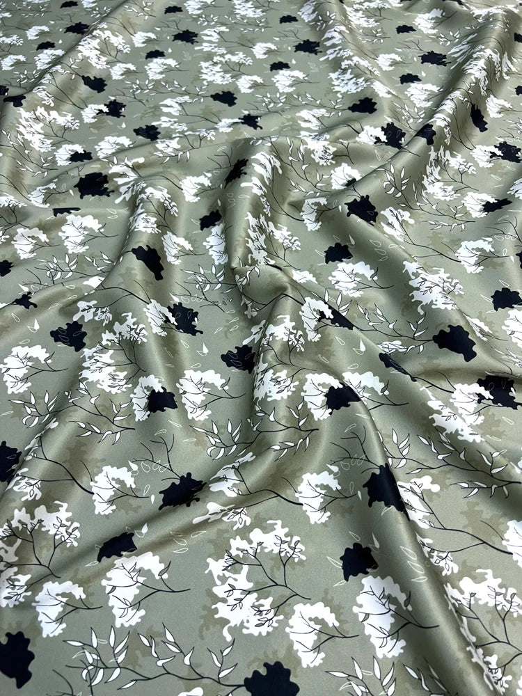 Soft 55'' Wide 20MM Thickness Black White Floral Print Dark Green Twill Silk Fabric By Yard for Sewing DIY Summer Spring Plants Blouse Dress Cheongsam D1273
