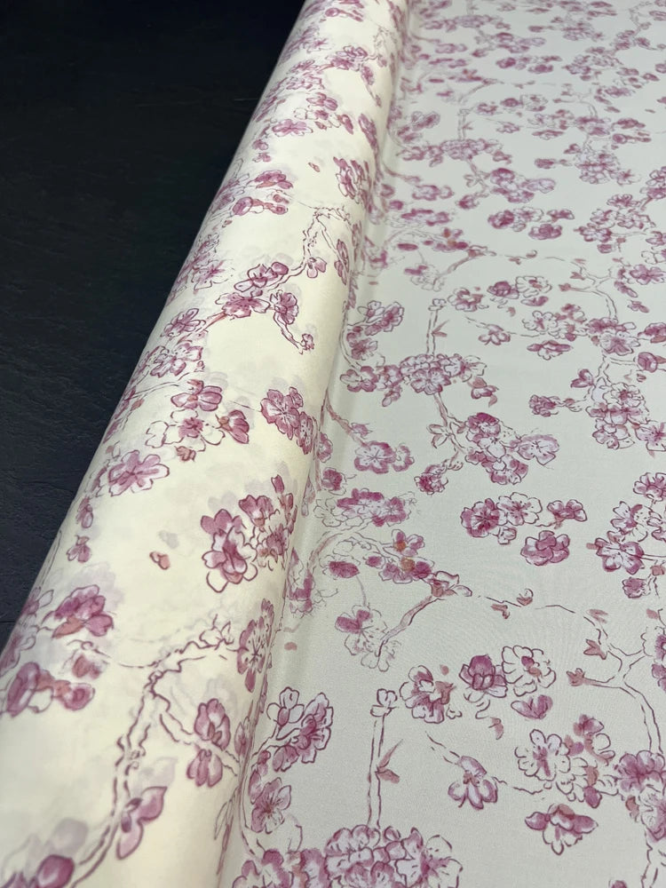 Stretch Comfortable Silk Crepe de Chine Fabric - Pink Floral Printed on White Design, Fabric for Summer Dress Pants-DIY Sewing Material D1497