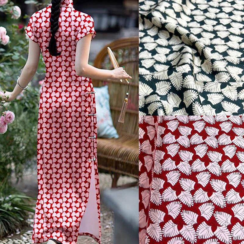 Silk Satin Fabric with Leaves Printed on Blue Red Design-140CM Width,20MM Thick,Stretch Soft Fabric for Summer Dress Pants D1626