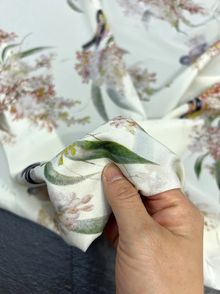 Stretch Comfortable Silk Crepe de Chine Fabric Mulberry Silk Spandex Fabric 55'' Width 18m/m Thin Silk Fabric by 1 Yard for Pajamas,Shirt,Dress or DIY Crafts Chinese Style Birds Floral Printed Material for DIY Sewing D1496