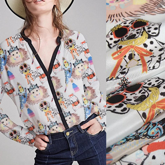 43.3'' Wide 12MM Thin Silk Crepe de Chine Fabric with Cartoon Animal Print for DIY Sewing Summer Dress Pants Blouse Pajamas R1838