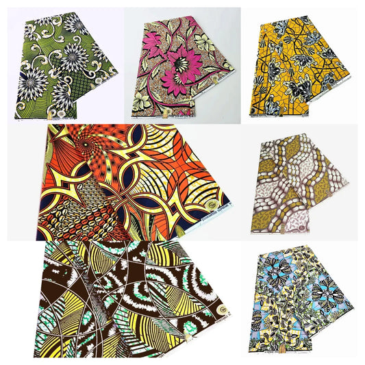 African Wax Fabric with 7 Patterns Plants Geometry Print-Cotton Batik Material for DIY Sewing Summer Dress,6 Yards Long R1058