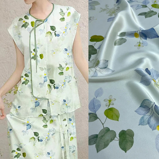 Blue Green Leaves Print on Green Silk Satin Fabric 140CM Wide 20MM Silk Spandex Summer Dress Shirt Pants, Stretch Fabric for Sewing D1486