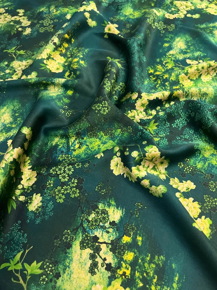 Luxurious 47'' Wide 25MM Thickness Silk Spandex Fabric by Yard with Green Plants Print - Perfect for Dress & Cheongsam DIY Sewing Silk Fabric Material - D1251