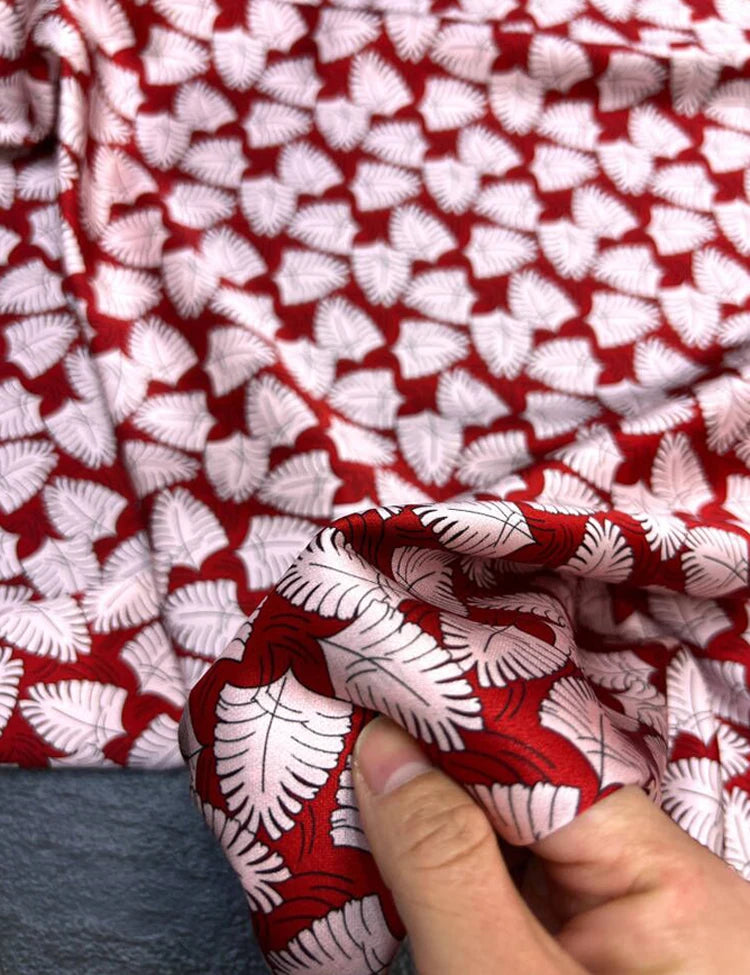 Silk Satin Fabric with Leaves Printed on Blue Red Design-140CM Width,20MM Thick,Stretch Soft Fabric for Summer Dress Pants D1626
