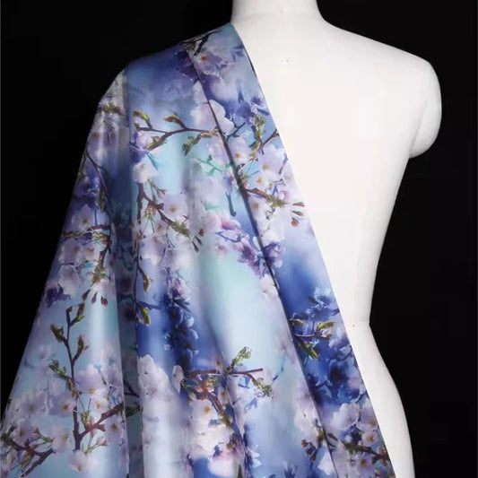 53'' Wide 14MM White Floral Blue Stiff Silk Organza Fabric for DIY Sewing Bubble Dress Coat R1873