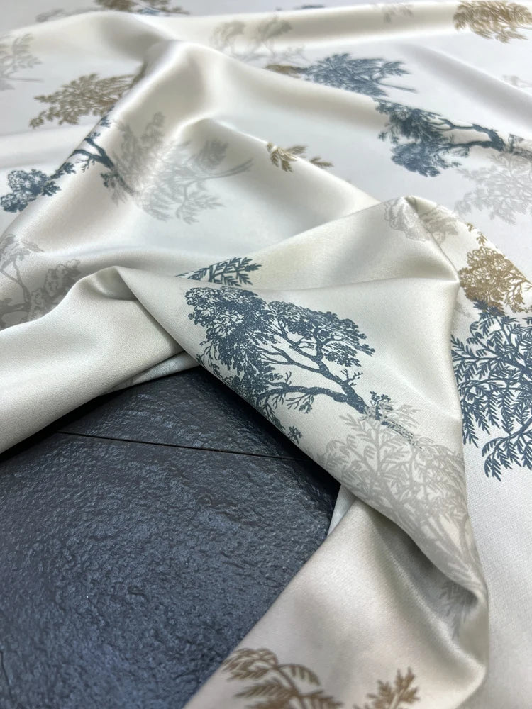 Trees Print on White Silk Satin Fabric 140CM Wide 20MM 93% Silk & 7% Spandex Dress Shirt Summer Stretch Silk Fabric for DIY Sewing D1450