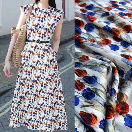 Blue and Orange Tulips Printed Stretch Fabric Silk Spandex Fabric by Yard 55'' Wide 20MM for Clothing DIY Cheongsam Dress Pants Sewing Material R377