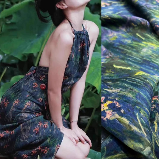 Floral Prints on Blue Green Gambiered Guangdong Silk Fabric Material by Yard,for DIY Sewing Cheongsam Dress Shirt-47'' Wide 25MM Soft Stretch Fabric R392