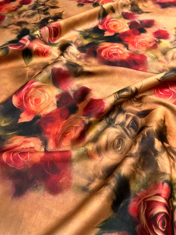 Stretch Gambiered Gauze Silk Fabric with Red Rose Printed Design for Cheongsam Horse Face Skrit Dress Pants 47'' Wide 25MM Thick,DIY Sewing Material E1563