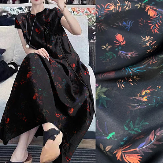 Stretch Gambiered Gauze Silk Fabric with Print on Black Design for Cheongsam Horse Face Skrit Dress Pants,47'' Wide 25MM Thick,DIY Sewing Material E1561