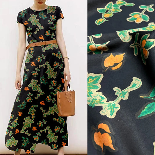 47'' Wide 25MM Thick Gambiered Gauze Silk Fabric with Green Leaves on Black Printed Design for Cheongsam Horse Face Skrit Dress DIY Sewing Material By Yard E1570
