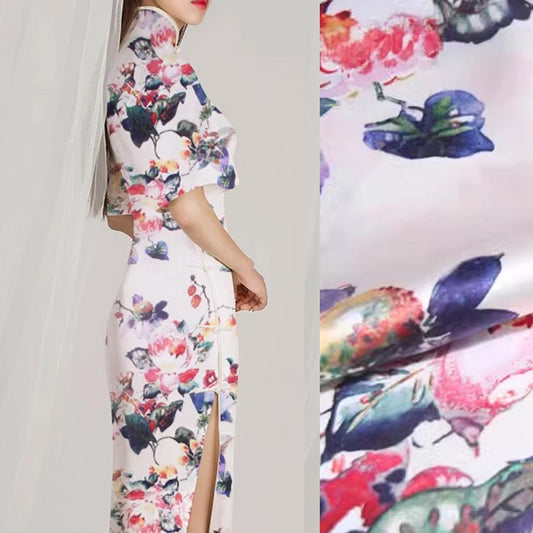 41.3'' Wide 20MM Stretch Silk Satin Fabric with Chinese Style Floral Print for DIY Sewing Spring Summer Smooth Dress Pants Pajamas R1857