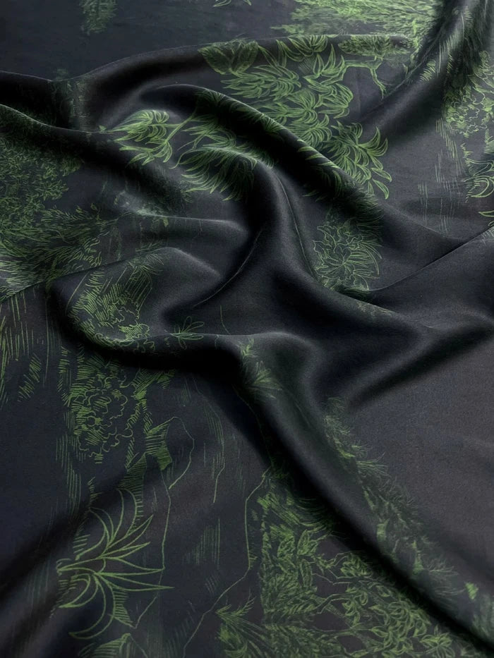 Trees Print Black Green Stretch Silk Fabric - Wide 47'' - Ideal for Dress & Cheongsam - High-Quality 25MM Heavy Silk Fabric Sewing Material D1261
