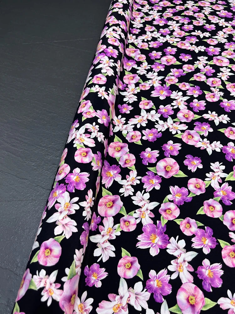 140CM Wide 18MM Silk Crepe de Chine Fabric,Stretch Silk Fabric for Thin Cheongsam Pants Dress Purple Floral on Black,DIY Sewing Material D1689