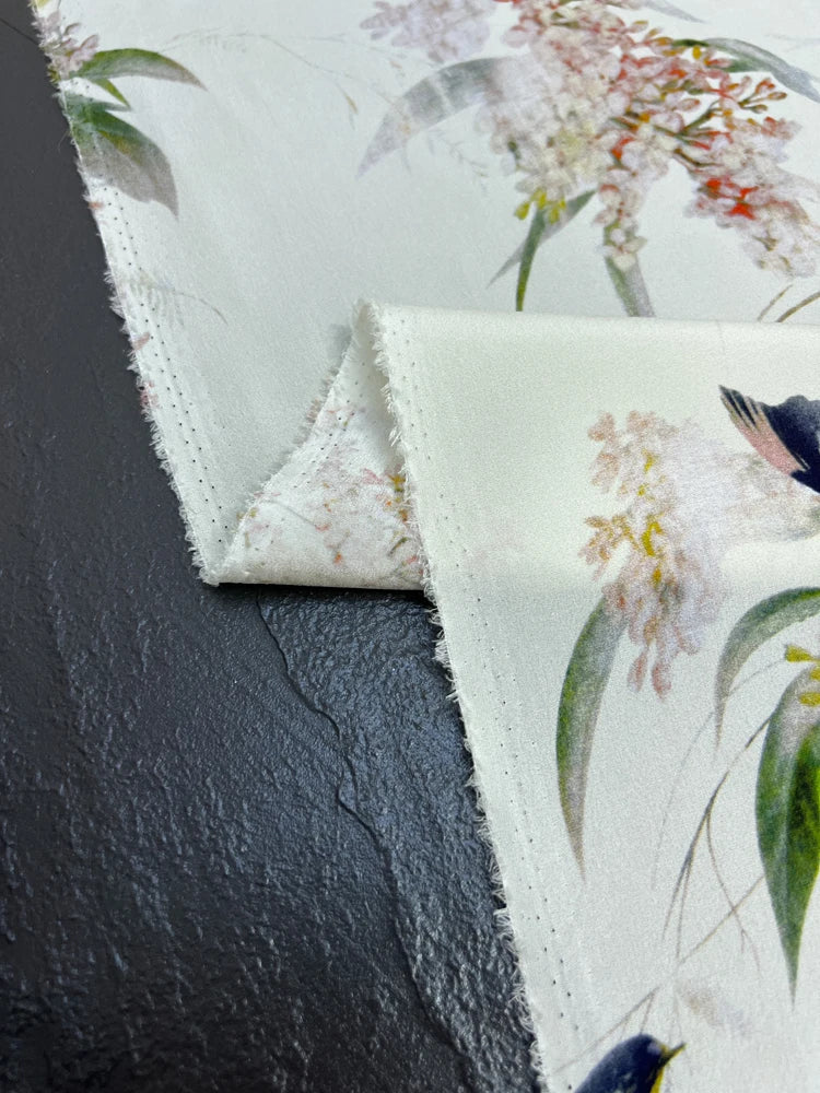 Stretch Comfortable Silk Crepe de Chine Fabric Mulberry Silk Spandex Fabric 55'' Width 18m/m Thin Silk Fabric by 1 Yard for Pajamas,Shirt,Dress or DIY Crafts Chinese Style Birds Floral Printed Material for DIY Sewing D1496