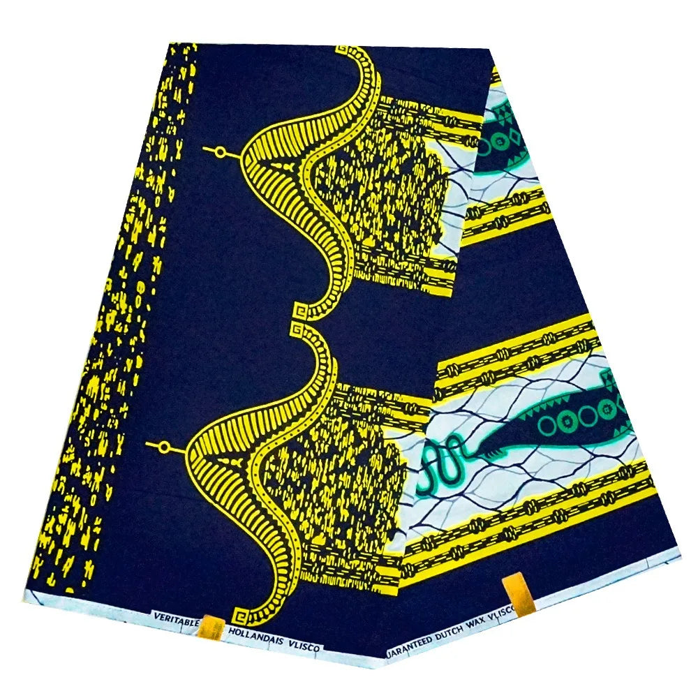 6 Yards Long,African Style Golden Printed Dark Blue Batik Cotton Fabric for Clothing Dress Sofa,Summer DIY Wax Material R1069