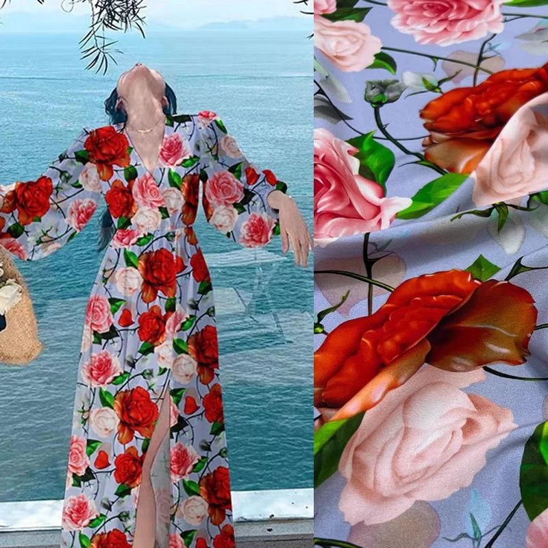 18 Momme 55''Width Silk Crepe de Chine Fabric for Sewing Blouse,Dresses,Pajamas DIY Crafts,Stretch Silk Spandex Soft Thin Material(Gorgeous Rose Printed,1yards) D1304