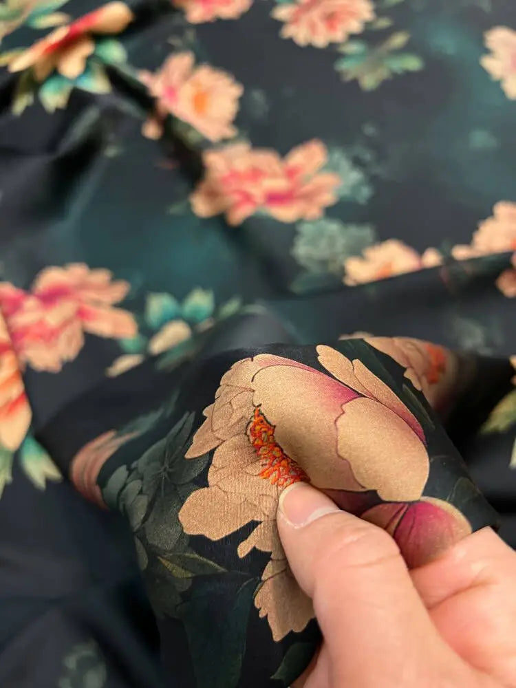 Orange Floral Printed on Black 47'' Wide 25MM Gambiered Gauze Silk Fabric Design for Cheongsam Horse Face Skrit Dress Summer DIY Sewing Material by Yard E1593