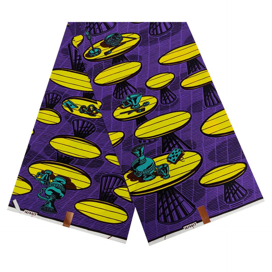 24*24Yarns 6 Yards Long 115CM Wide African Batik Cotton Fabric,Spring & Summer Purple Clothing Pants Fabric with Yellow Ellipse R803