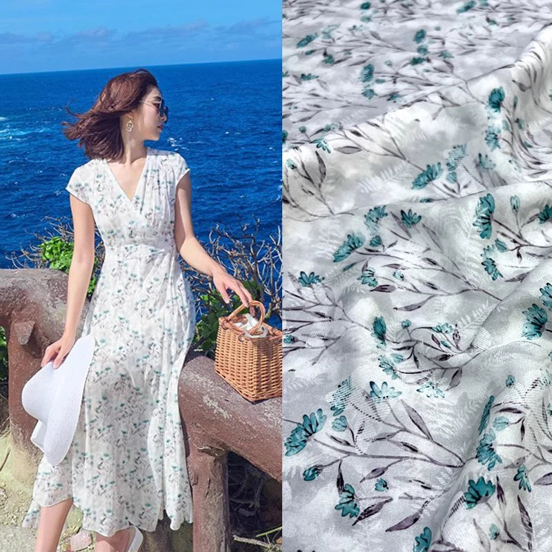Silk Spandex Printed Fabric by Yard Blue Floral on Beige 55'' Wide for Dressmaking Cheongsam 19MM Thick Stretch Thin Silk Fabric DIY Sewing Material D1358
