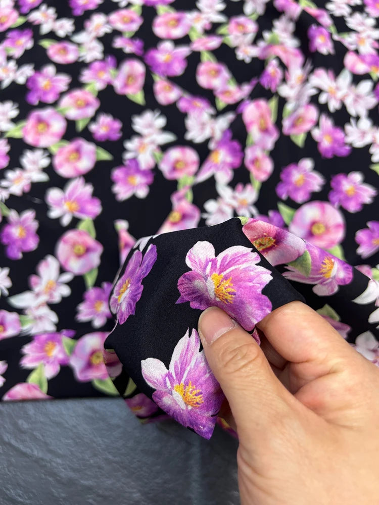 140CM Wide 18MM Silk Crepe de Chine Fabric,Stretch Silk Fabric for Thin Cheongsam Pants Dress Purple Floral on Black,DIY Sewing Material D1689