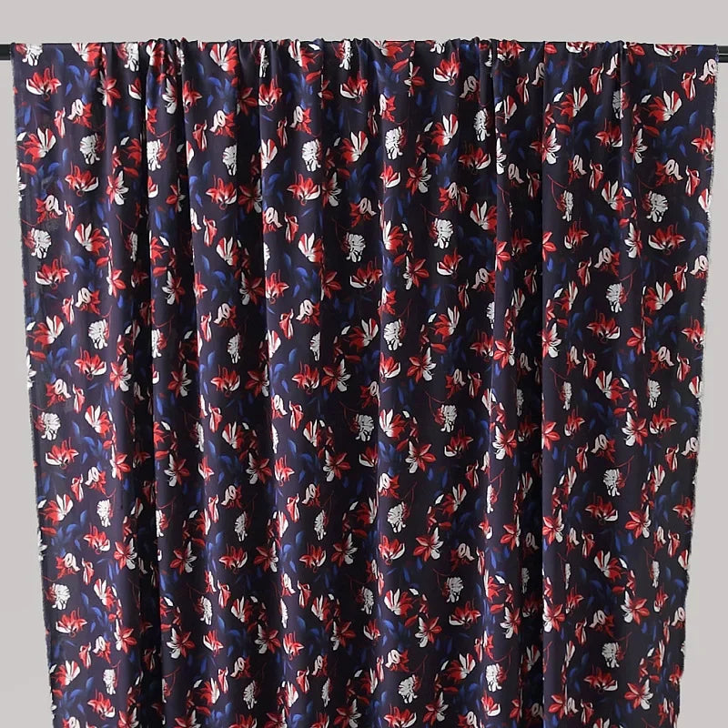 55'' Wide 16MM Floral Print Red Blue Silk Crepe de Chine Fabric for Summer Thin Dress Shirt Clothes Cheongsam DIY Sewing Material Y028
