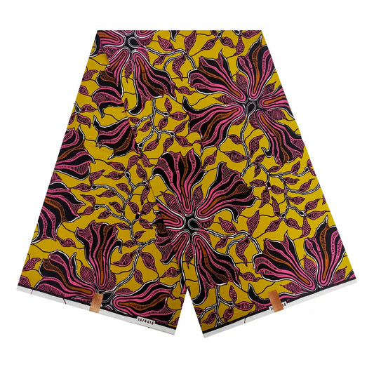 DIY-Ready African Wax Batik Fabric with Pink Floral Print on Yellow,for Summer Cotton Dress Pants Sofa Cushion Clothes,6 Yards Long DIY Sewing Material R965