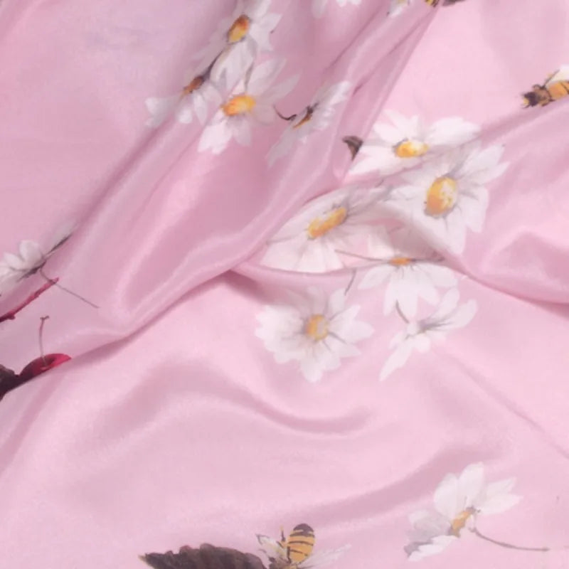 42.5'' Wide 12MM Thin Silk Crepe de Chine Fabric with Bee and Cherry Print for DIY Sewing Summer Pink Dress Pants Pajamas R1852