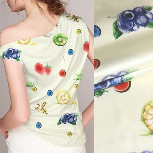 41.3'' Wide 20MM Stretch Light Yellow Silk Satin Fabric with Fruites Print for Spring Summer Smooth Dress Pants Pajamas R1855