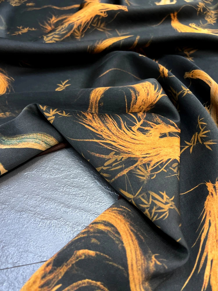 Luxury Gambiered Gauze Silk Fabric with Golden Dragon Printed Design for Cheongsam Horse Face Skrit Dress,47'' Wide 25MM Stretch DIY Sewing Material E1556