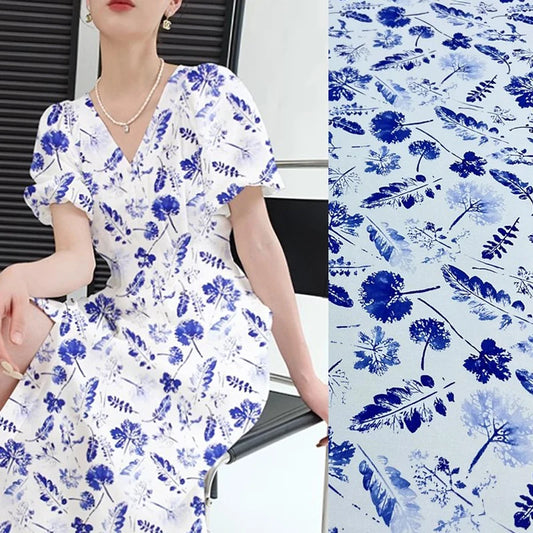 55" Width Silk Spandex Fabric Blue Leave Printed White Thin Silk Crepe de Chine Fabric by The Yard for Sewing Clothes DIY Crafts Sewing D1295