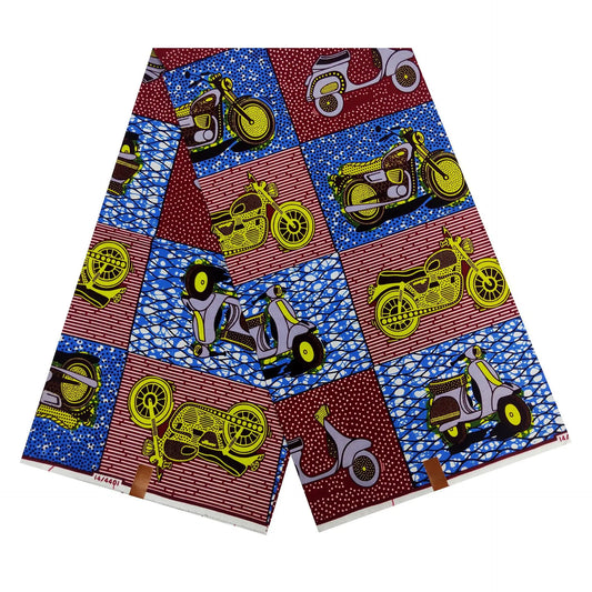 African Style Wax Batik Fabric with Geometry and Motorbike Print,100% Cotton 6 Yards Long,DIY Sewing Material for Clothing Dress Pants R975
