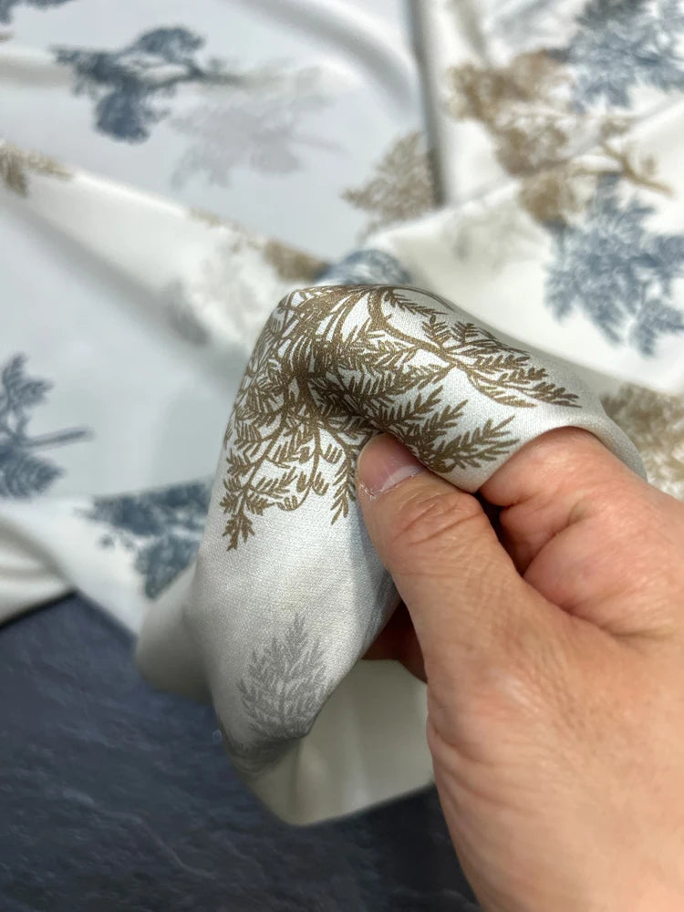 Trees Print on White Silk Satin Fabric 140CM Wide 20MM 93% Silk & 7% Spandex Dress Shirt Summer Stretch Silk Fabric for DIY Sewing D1450