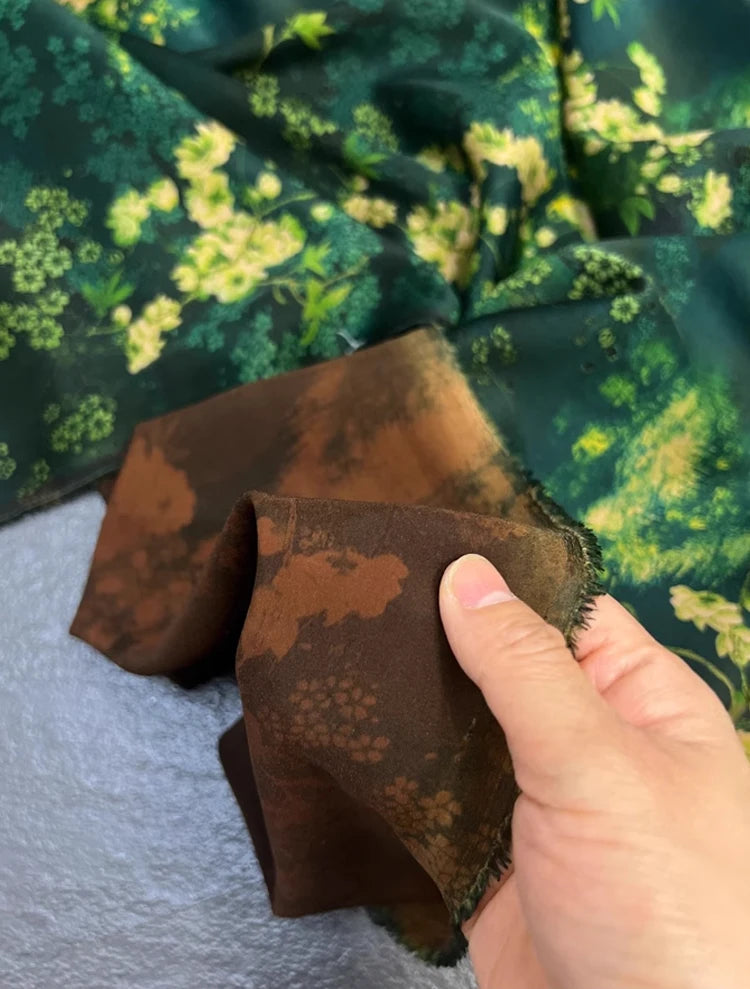Luxurious 47'' Wide 25MM Thickness Silk Spandex Fabric by Yard with Green Plants Print - Perfect for Dress & Cheongsam DIY Sewing Silk Fabric Material - D1251