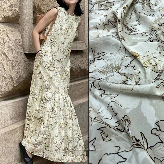 Floral on Grey Silk Crepe de Chine Fabric for Summer Thin Dress, 140CM Wide, 18MM Thick,Silk & Spandex Stretch Fabric,DIY Sewing Material D1466