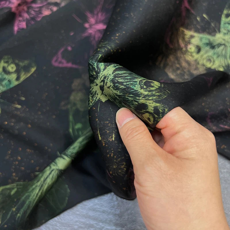 Magic Green Pink Butterfly on Black Gambiered Guangdong Silk Fabric for DIY Sewing Blouse Cheongsam Dressmaking-47'' Wide 25MM Thickness R396