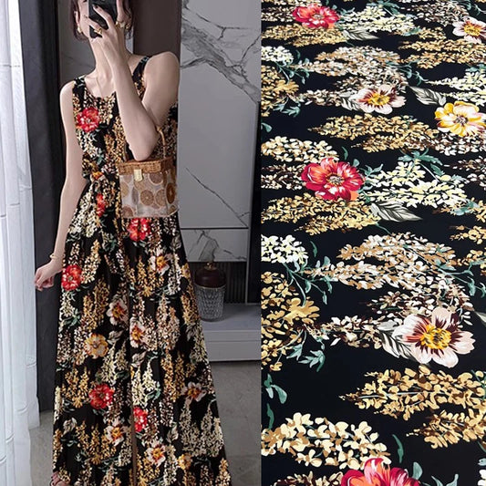 Silk Spandex Fabric Crepe De Chine 18m/m Silk Fabric for Sewing by 1 Yard (Yellow Red Floral Print on Black) DIY Summer Thin Dress Pajamas Pants Material D1319