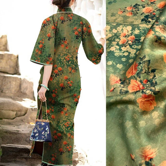 47'' Wide 25MM Thick Gambiered Gauze Silk Fabric with Orange Floral Printed Green Design for Soft Cheongsam Horse Face Skrit Dress Summer DIY Sewing MaterialE1589