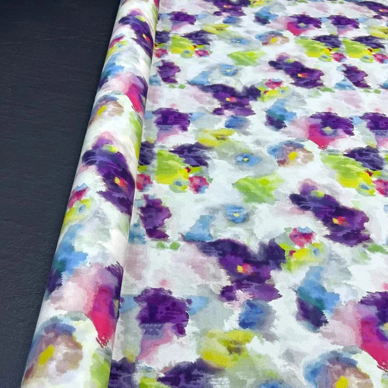 18m/m Spandex Mulberry Silk Crepe de Chine Fabric for Sewing Comfortable Dresses,Pajamas,Clothing,Pants or DIY Crafts Material 55" Wide Sold by 1 Meter 1 Yard(Purple Floral Print on White) D1320