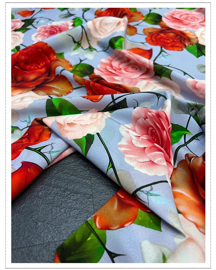 18 Momme 55''Width Silk Crepe de Chine Fabric for Sewing Blouse,Dresses,Pajamas DIY Crafts,Stretch Silk Spandex Soft Thin Material(Gorgeous Rose Printed,1yards) D1304