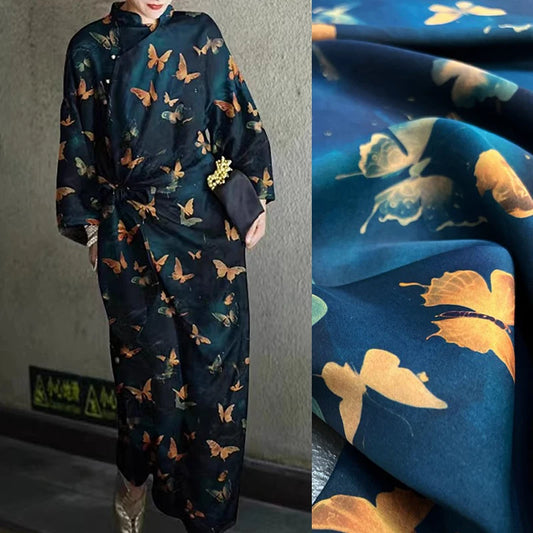 47'' Width 25Thickness DIY Sewing Soft and Comfortable Gambiered Guangdong Silk Fabric Material by Yard,Stretch Fabric with Butterfly on Blue for Cheongsam Dress Shirt DIY R395