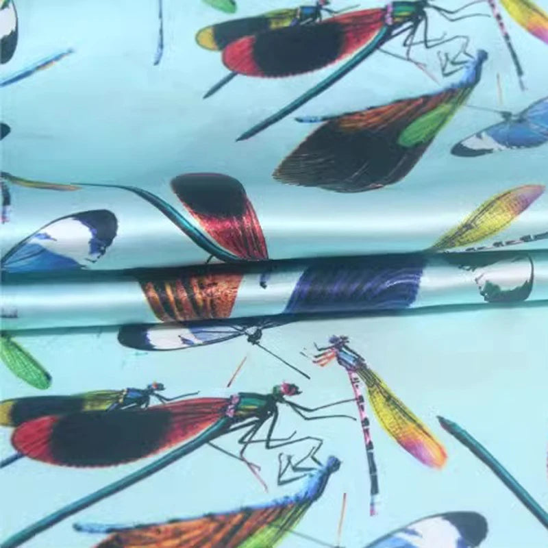41.3'' Wide 20MM Stretch Silk Satin Fabric with Flies on Blue for DIY Sewing Spring Summer Smooth Dress Pants Blouse Pajamas R1856
