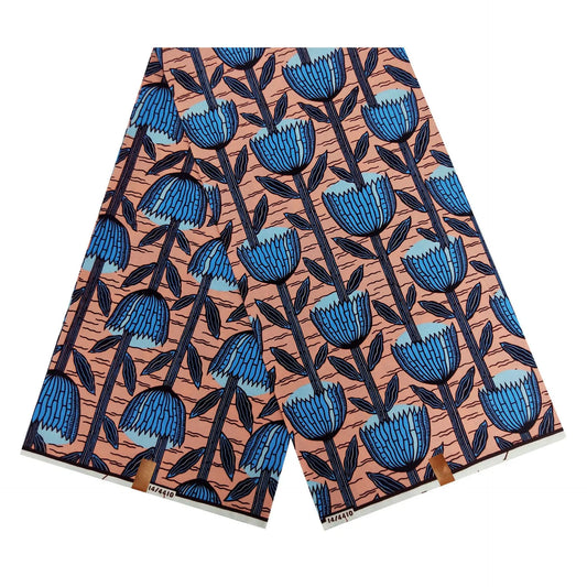 6 Yards Long 115CM Wide,African Wax Batik Fabric with Blue Floral Print,Summer Cotton Material for Clothing Curtains DIY R983