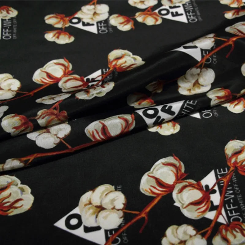 43'' Wide 12MM Cotton Printed Black Thin Silk Crepe de Chine Fabric Silk Fabric for DIY Sewing Summer Dress Pants Pajamas R1841 fabric