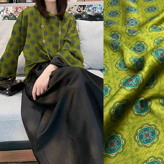 Gambiered Gauze Silk Fabric with Chinese Style Printed on Green Design for Cheongsam Horse Face Skrit Dress,47'' Wide 25MM Thick,DIY Sewing Stretch Material E1557
